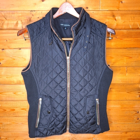 ❤️ THE ZENANA Black And Brown Quilted Vest with Zipper Pockets Size M - Picture 1 of 4